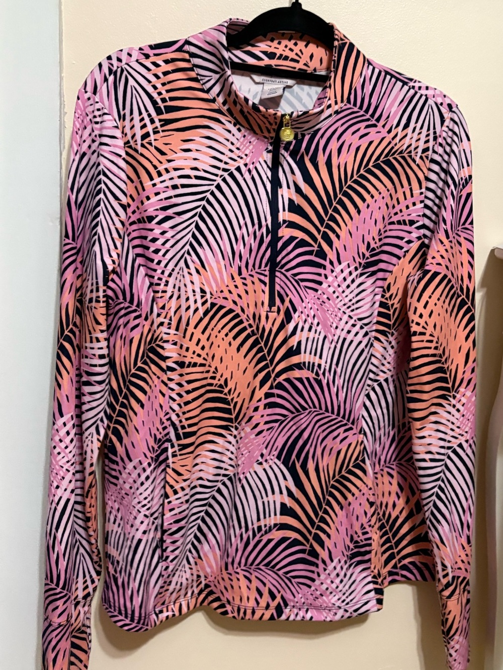 Tommy Bahama Pink and Peach Palm-Print Long-Sleeve Quarter-Zip Top Womens xl